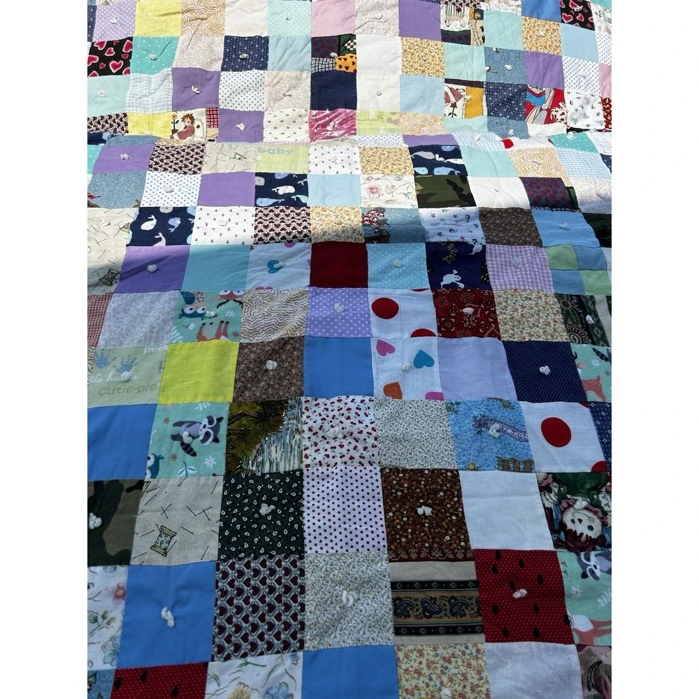 Handmade Patchwork Tie Quilt 51x64 Vintage Fabric Denim Cotton Throw